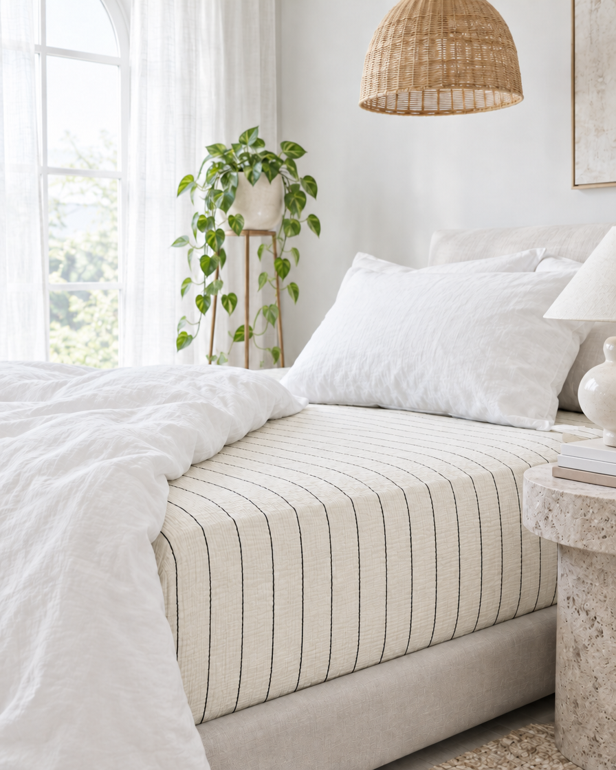 Black Pinstripe cloud cotton fitted sheet, ivory with crisp black stripes, on a made bed