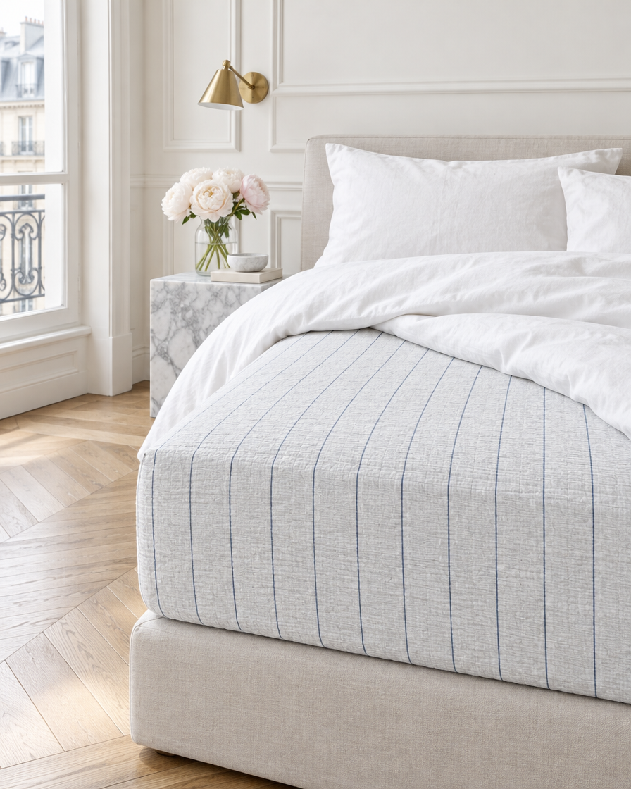 Blue Pinstripe cloud cotton fitted sheet on a mattress in a Parisian bedroom, white duvet pulled back, peonies on marble.