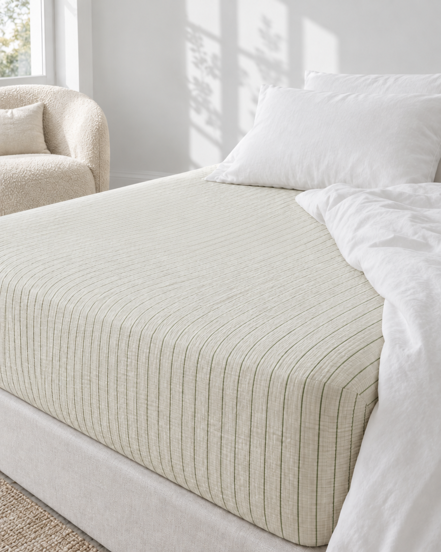 Green Pinstripe cloud cotton fitted sheet on a deep mattress with a tea tray and book, a white duvet folded back and pampas.