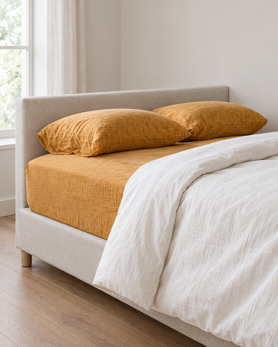 Mustard Fitted Sheet - Cloud Cotton made up on a bed in a calm, light bedroom