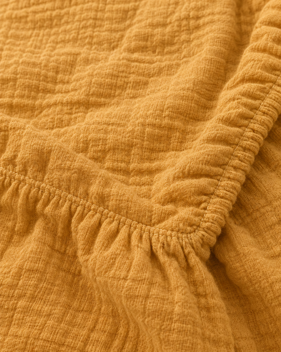 Close-up of elasticated corner and stitched edge of the fitted sheet in Mustard Cloud Cotton