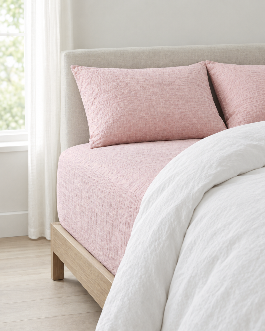 Pale Pink Fitted Sheet - Cloud Cotton made up on a bed in a calm, light bedroom