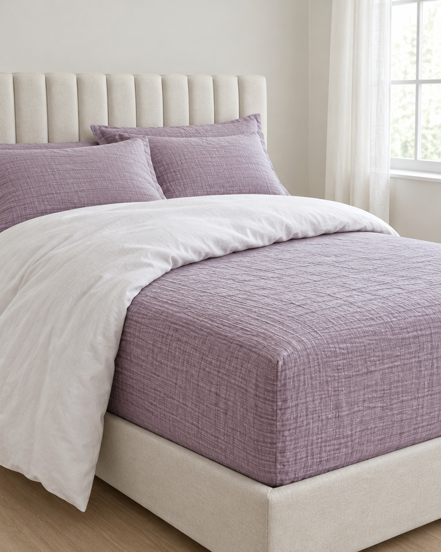 Taro Fitted Sheet - Cloud Cotton made up on a bed in a calm, light bedroom