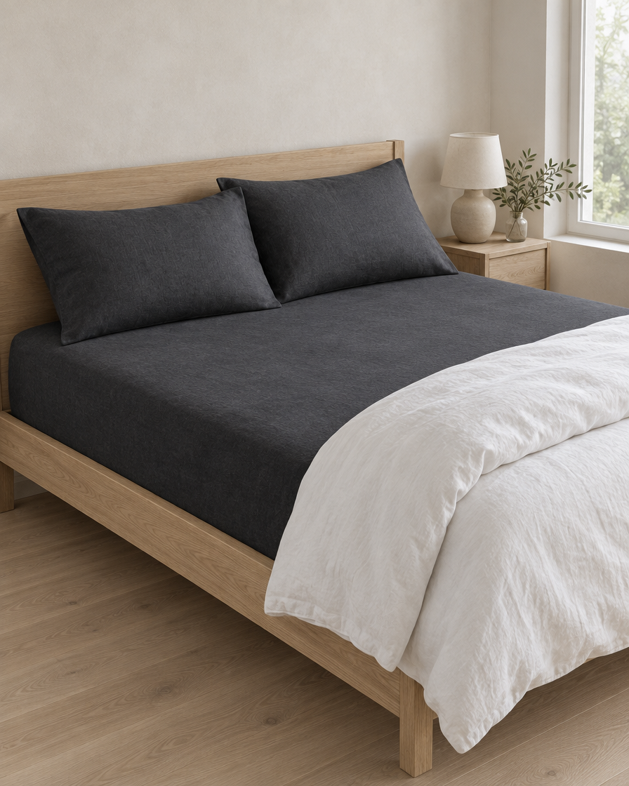 Charcoal French linen fitted sheet with matching pillowcases on a pale oak bed