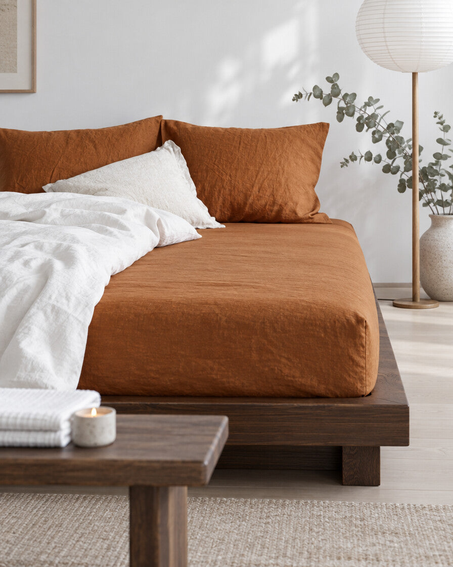 Terracotta French linen fitted sheet in a calm Japandi bedroom on a low dark-oak bed