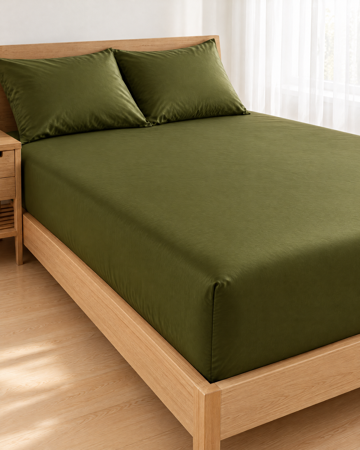 Juniper Green silky cotton sateen fitted sheet on a made bed in a bright bedroom