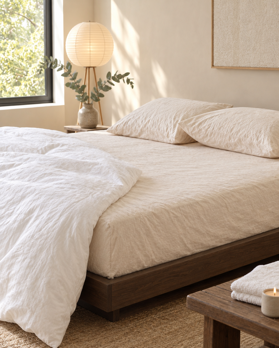 Cream Silky Cotton fitted sheet on a low Japandi bed, white duvet pulled back, beside a paper lantern lamp