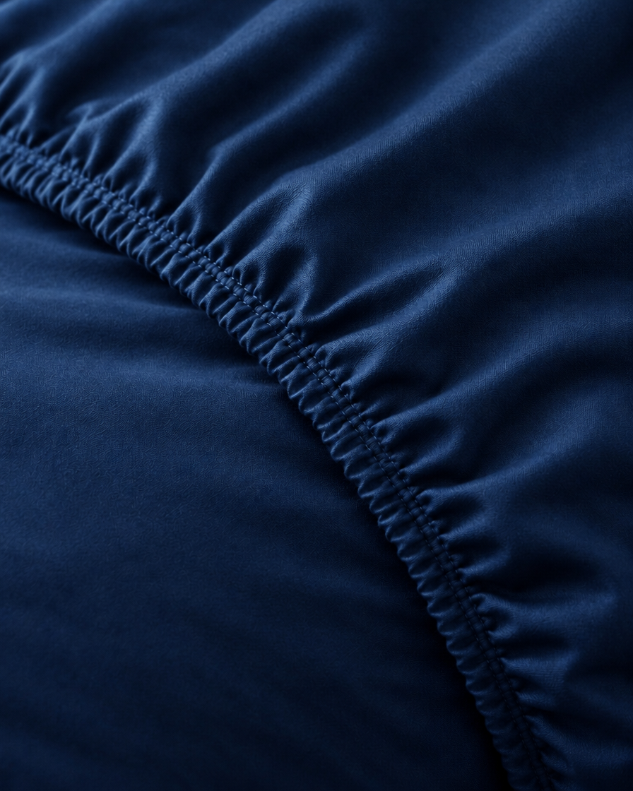 Macro of the gathered elastic corner of a Marine Blue silky cotton fitted sheet in navy blue cotton sateen.