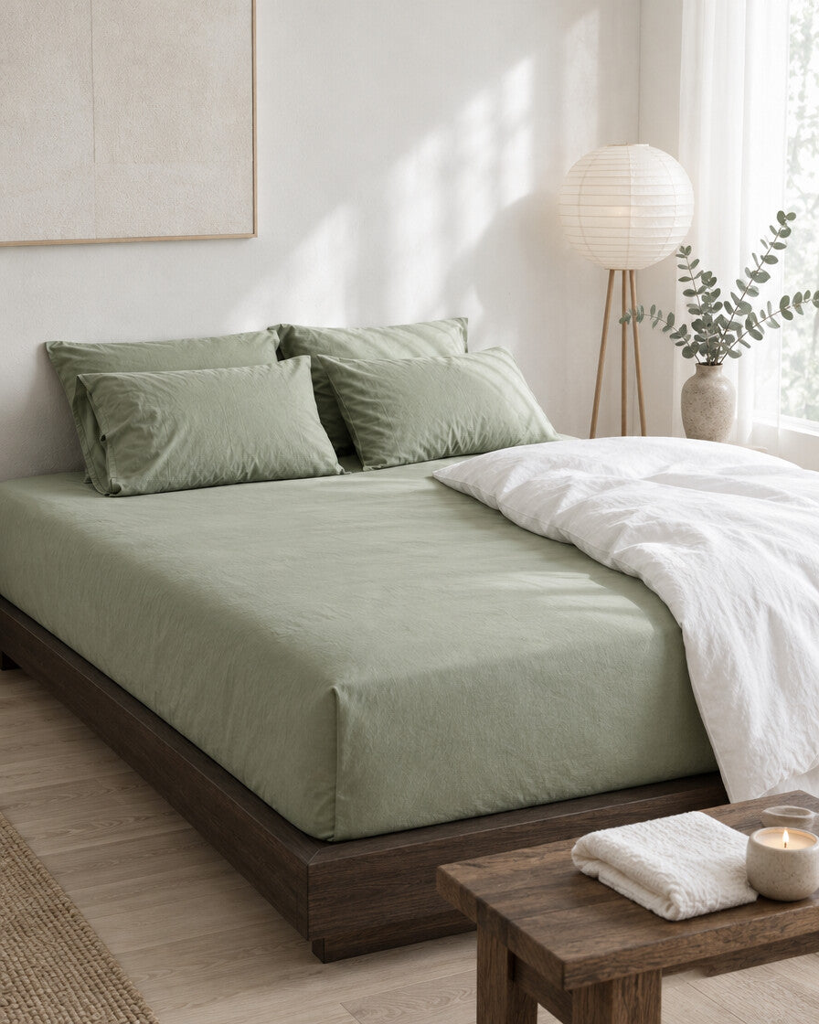 Mint Green silky cotton fitted sheet in a calm Japandi bedroom on a low dark-oak bed