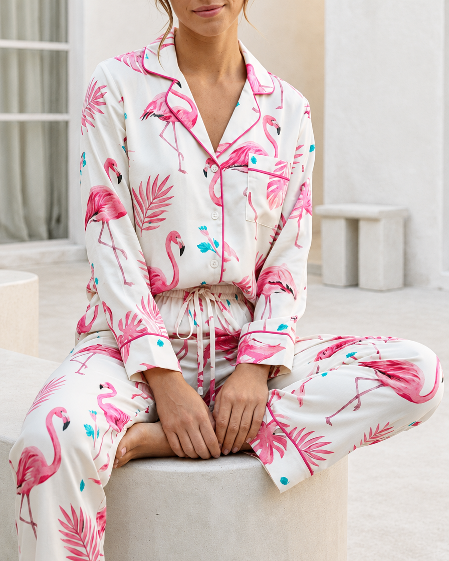 Flamingo Season Modal Cloud pyjama set worn seated on a white surface.
