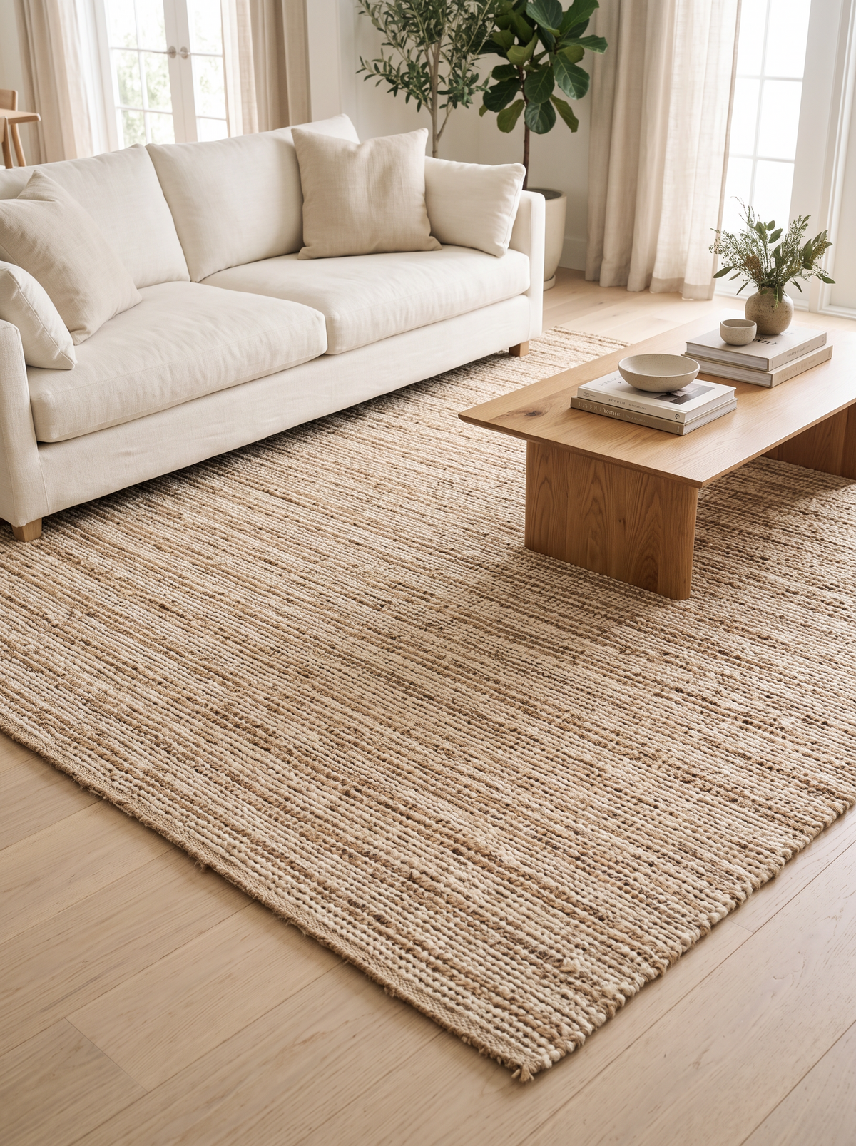 Jute Wool Stripe Hand-Woven Rug under an oak coffee table in a living room