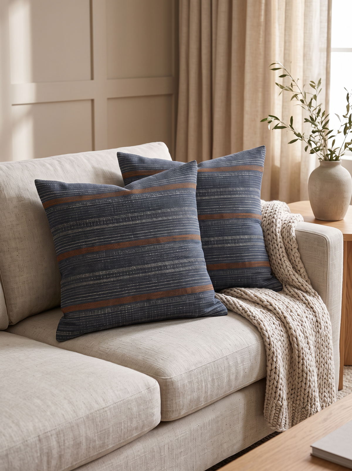 Navy & Rust Stripe Jacquard Hemp Cotton Cushion Covers on a linen sofa