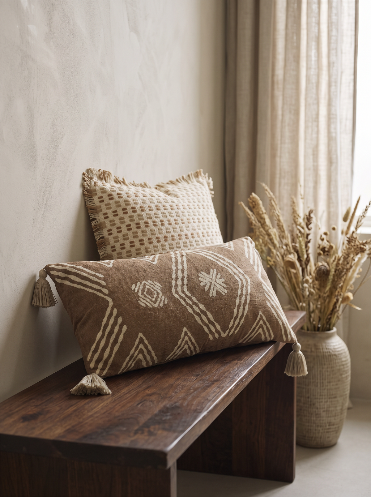 Cinnamon Diamond Embroidery Lumbar Cushion Covers on a walnut bench
