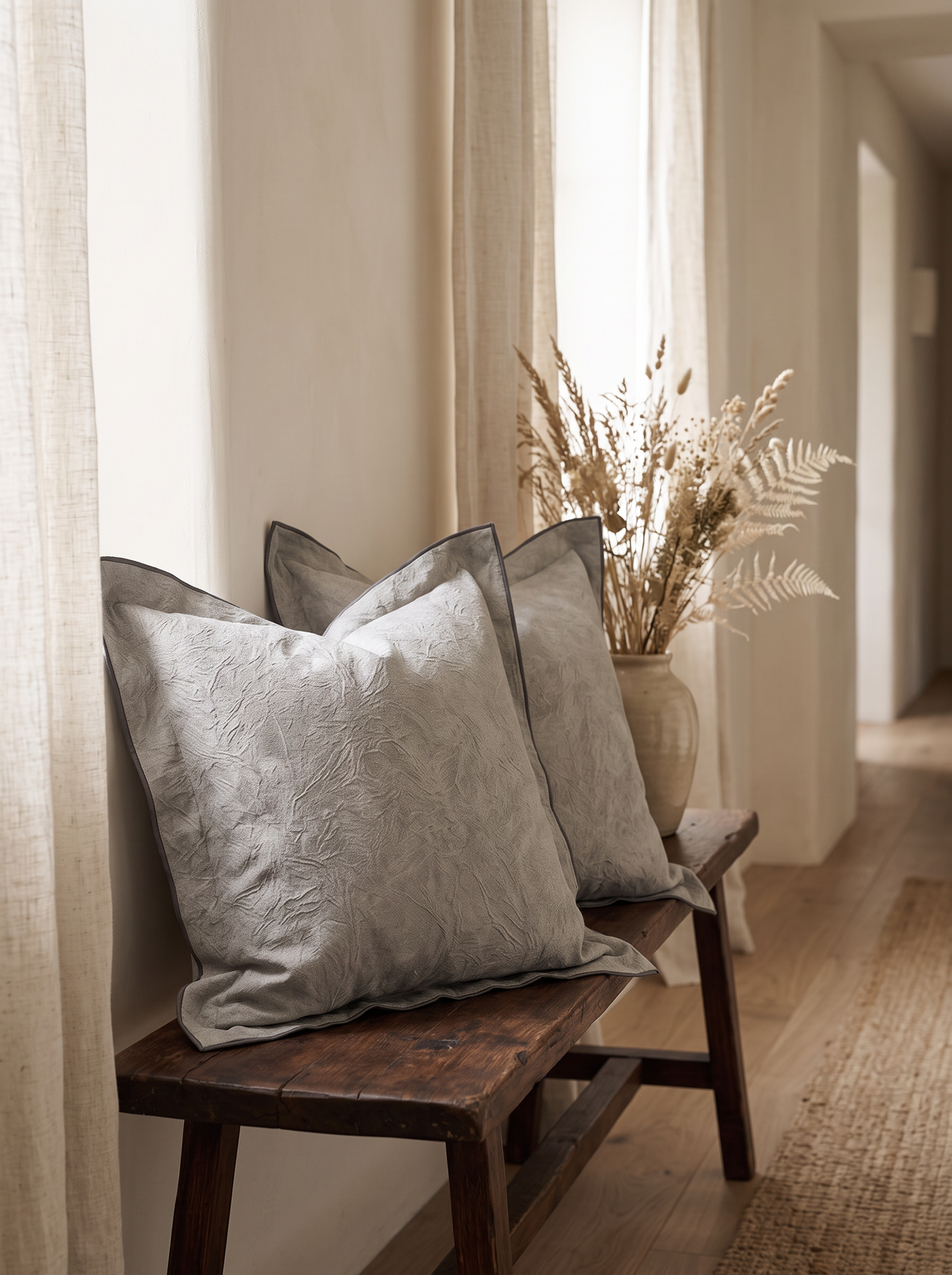 Stone Flanged Jacquard Cotton Linen Cushion Covers on a walnut bench