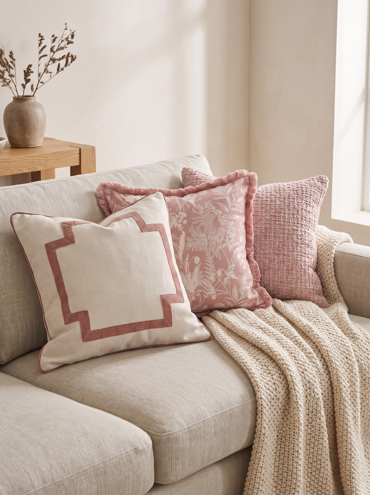 Ivory & Rose Embroidery Cushion Covers on a linen sofa