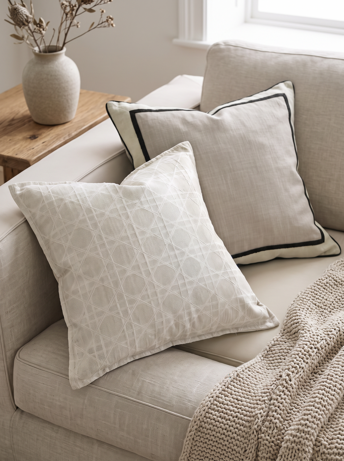 Mint Grey Lattice Jacquard Cushion Covers on a linen sofa