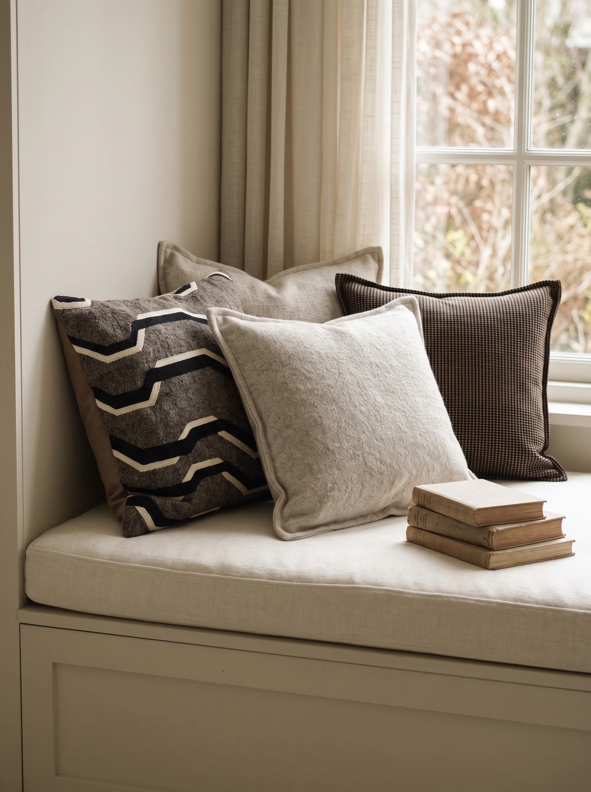 Brown & Black Stripe Jacquard Cushion Covers on a window seat