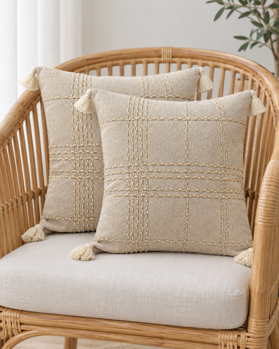 Two Oat Check Hand-Woven Linen Cotton cushion covers on a rattan armchair