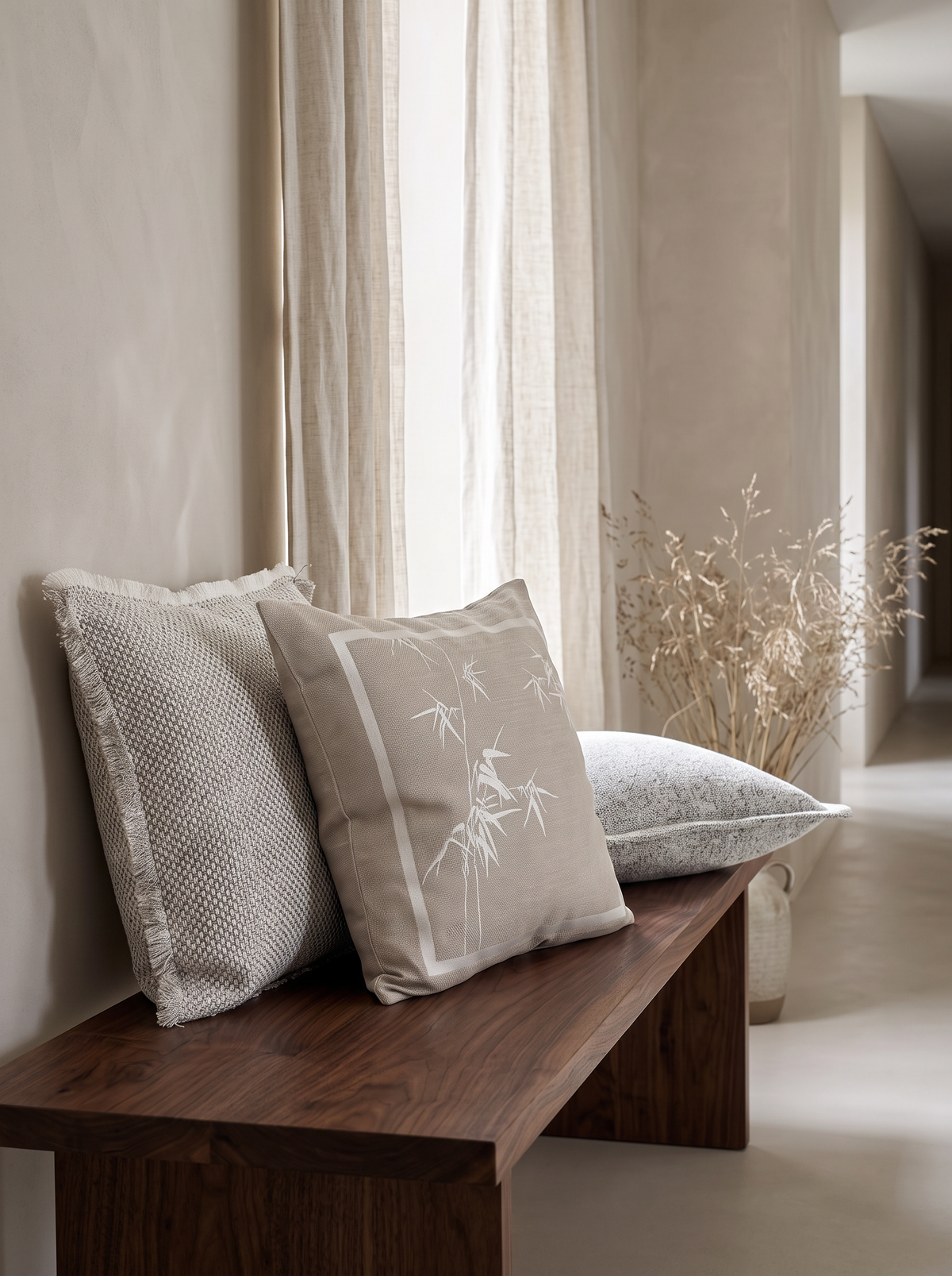 Taupe & Ivory Bamboo Embroidery Cushion Covers on a walnut bench