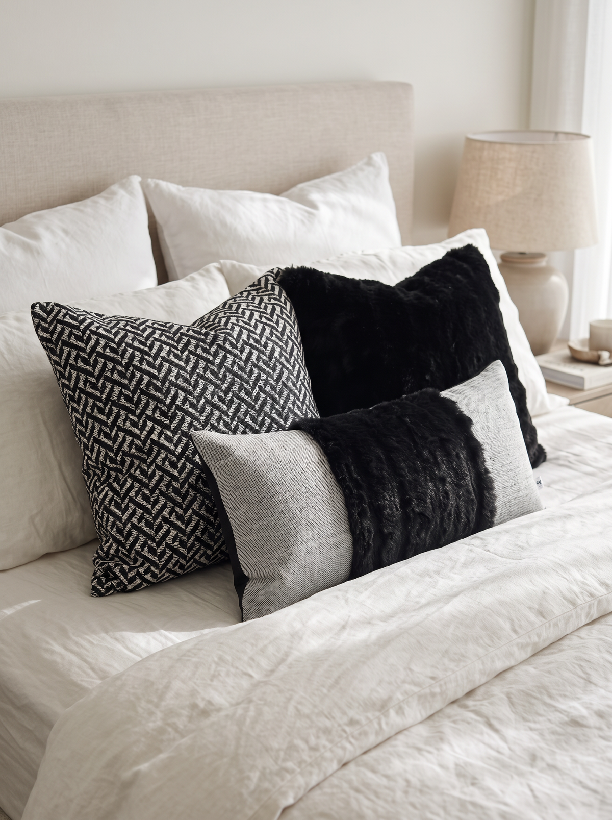 Black & Ivory Herringbone Jacquard Cushion Covers on a made bed