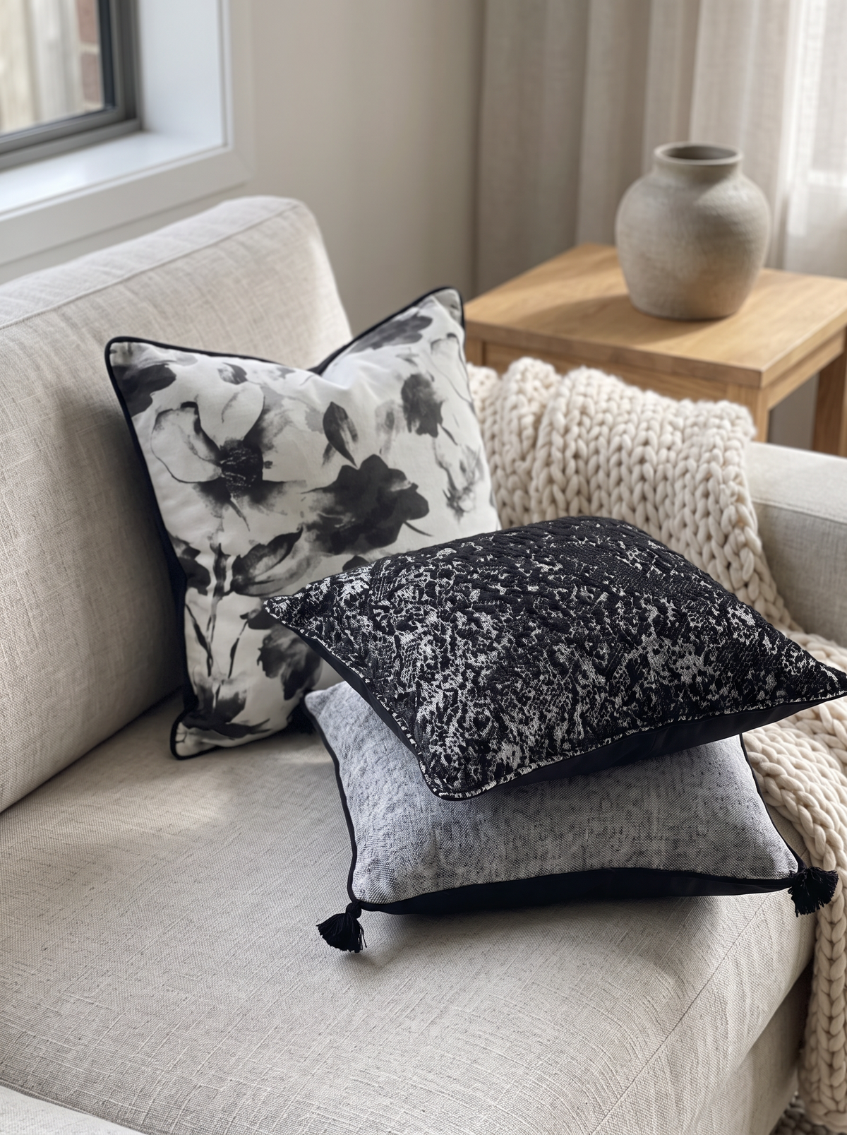 Black Crushed Jacquard Cushion Covers on a linen sofa