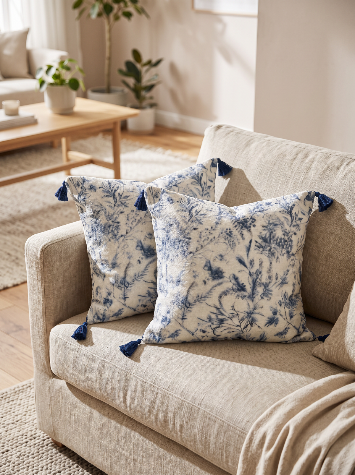 Ivory & Blue Bird Printed Cotton Linen Cushion Covers, styled at home on a linen sofa