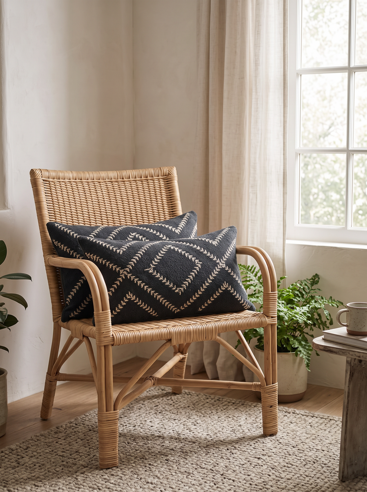 Black & Sand Zigzag Embroidery Lumbar Cushion Covers, styled at home on a rattan armchair by a window