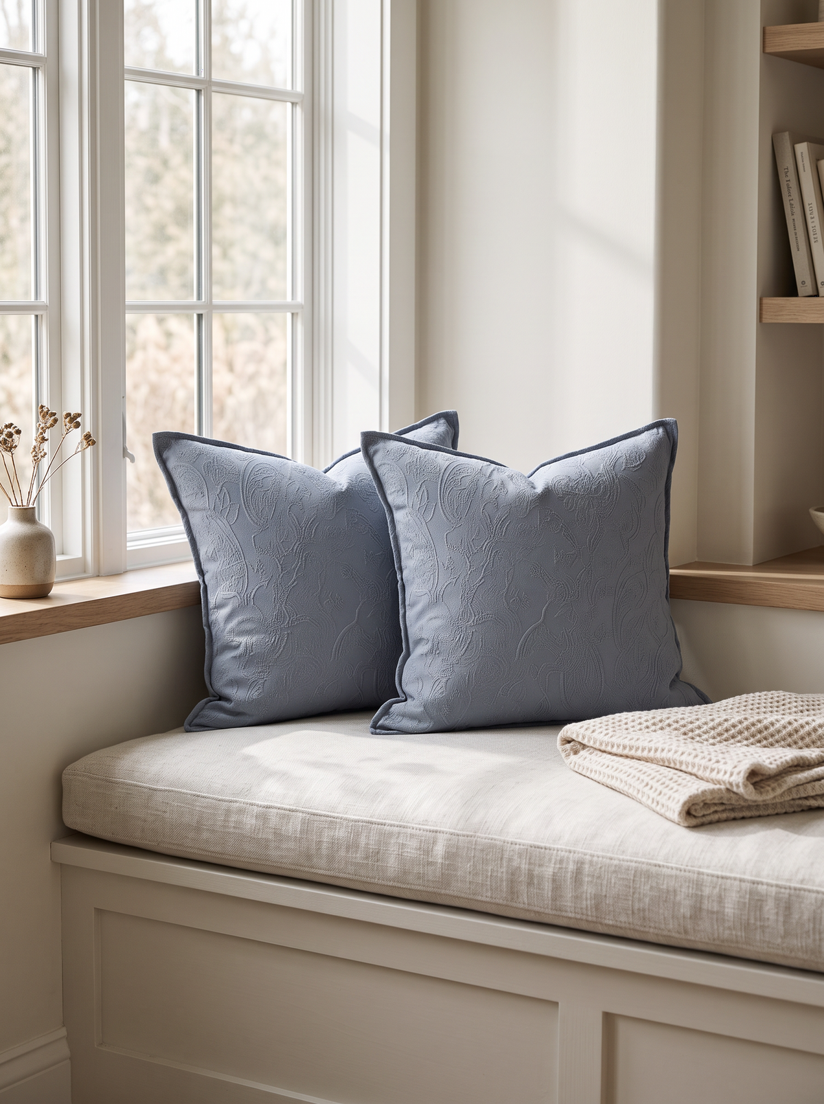 Dusty Blue Printed Jacquard Cushion Covers, styled at home on a window seat