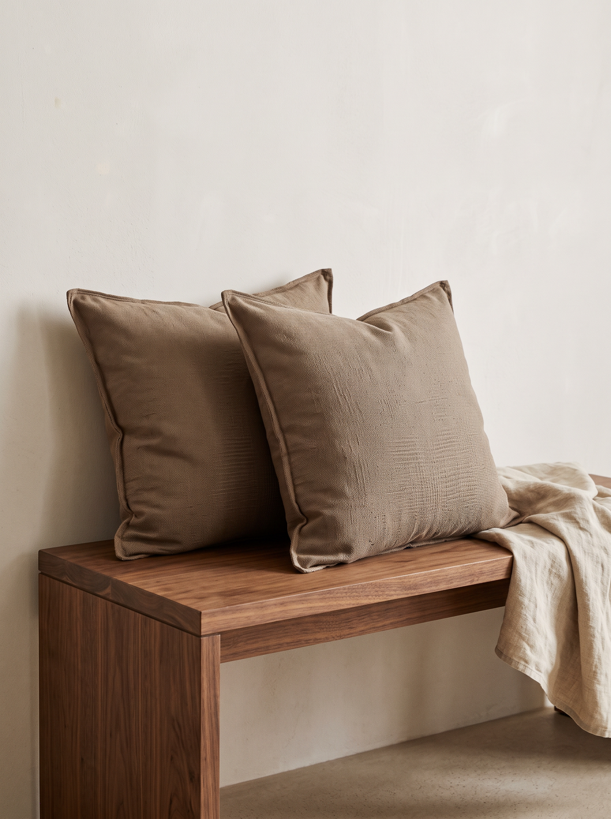 Mocha Flanged Cotton Cushion Covers, styled at home on a walnut bench