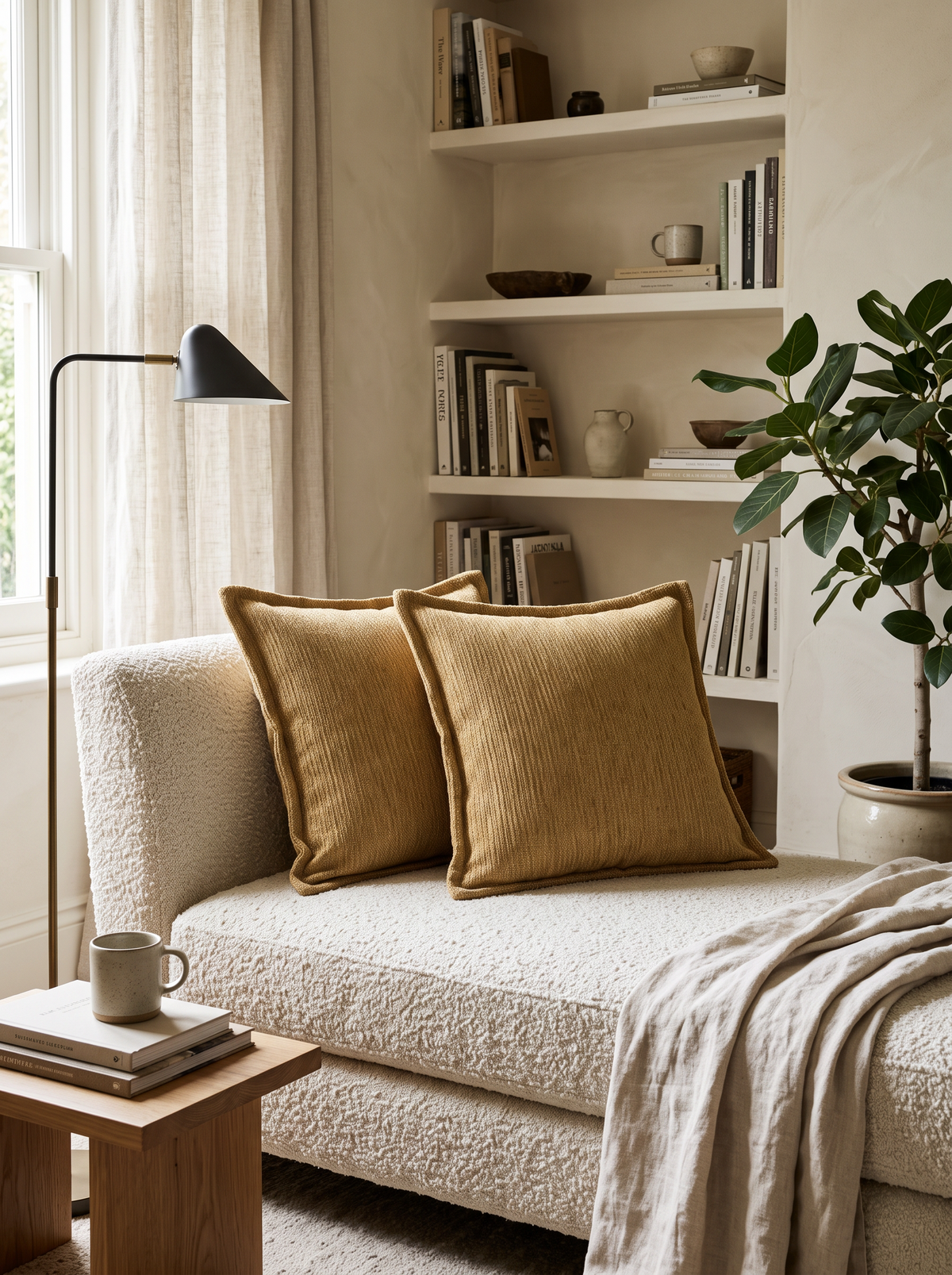 Mustard Chenille Embroidery Cushion Covers, styled at home on a bouclé daybed