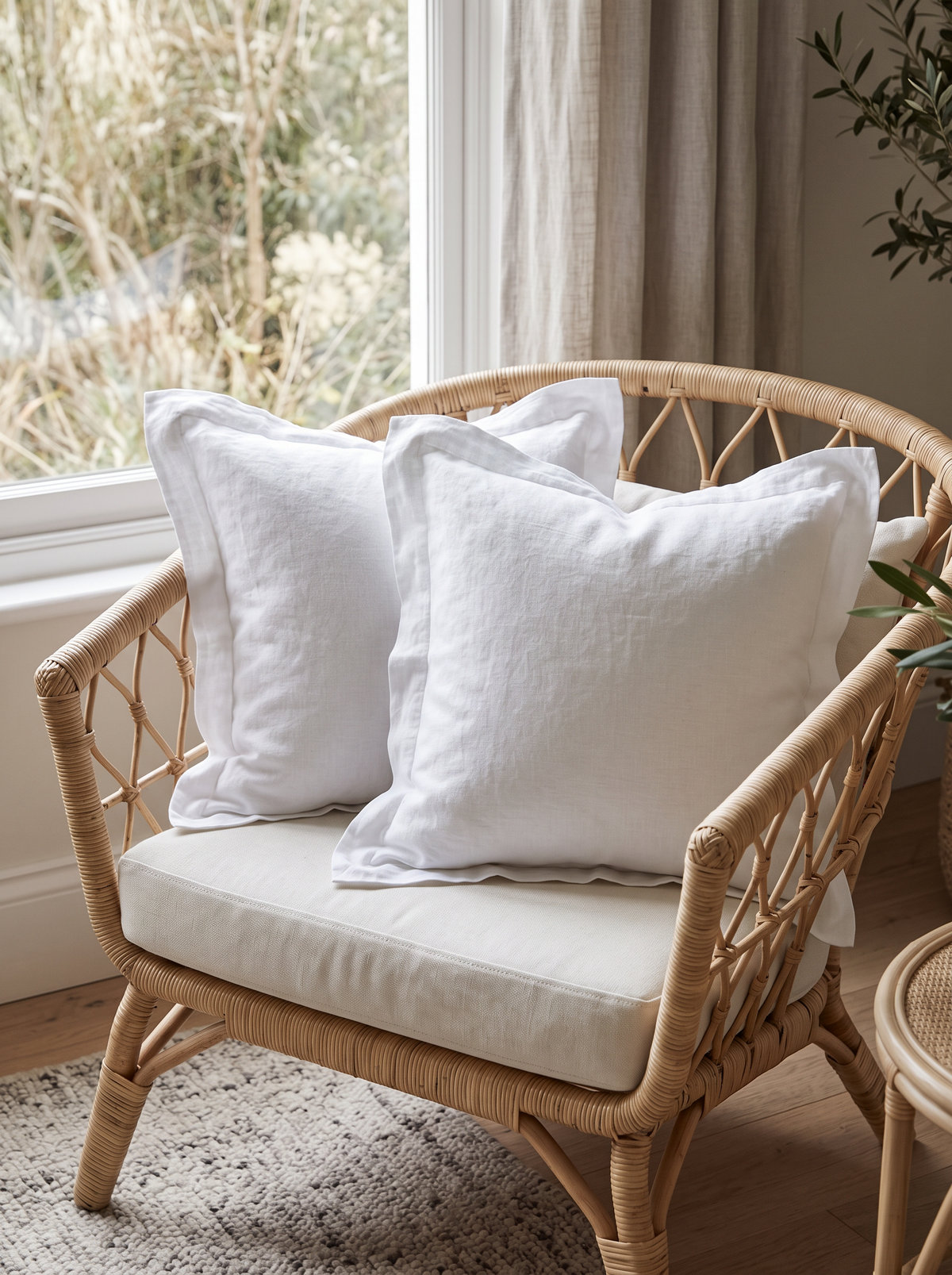 Flanged Linen Cushion Covers in White, styled at home on a rattan armchair by a window
