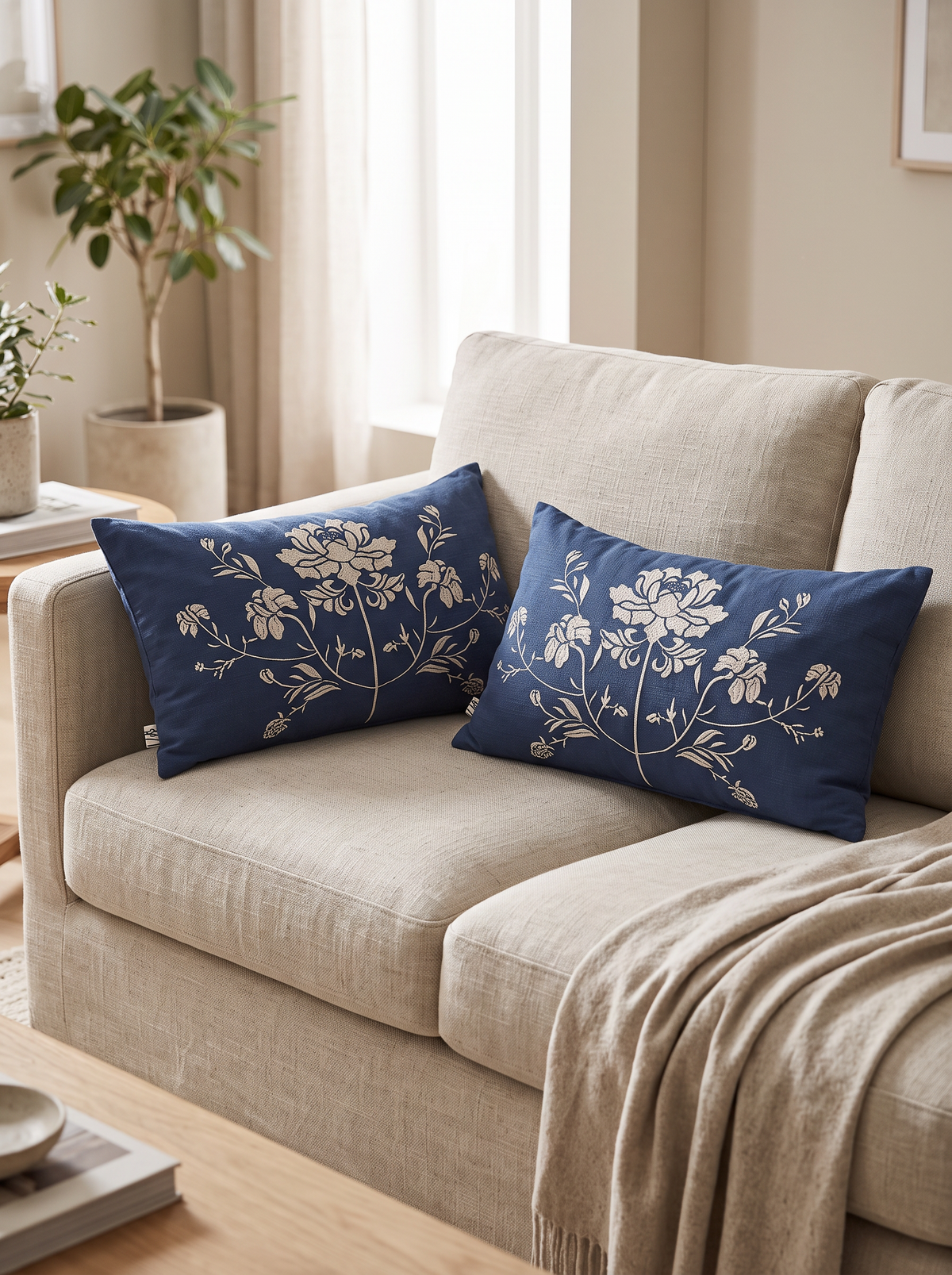 Blue Embroidery Linen Cotton Cushion Covers in Navy Peony Lumbar, styled at home on a linen sofa