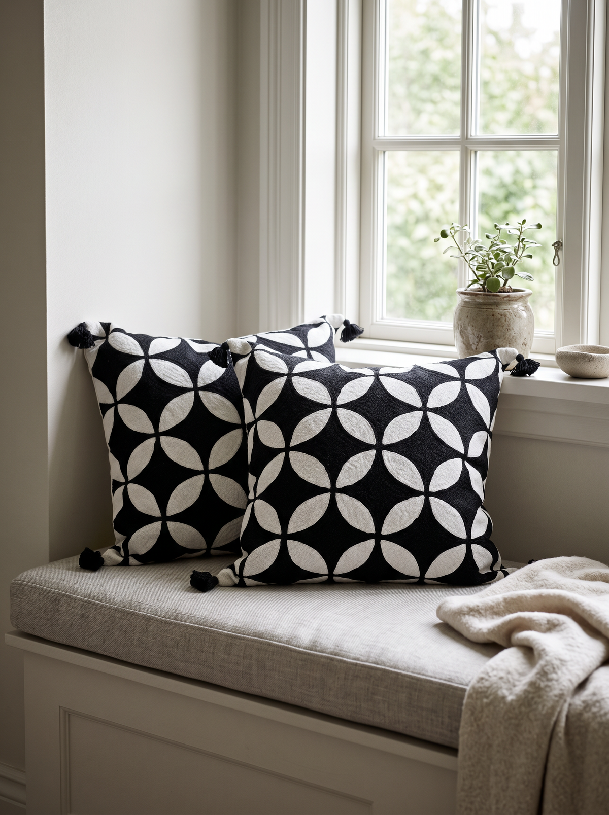 Petal Lattice Embroidery Cotton Cushion Covers in Black, styled at home on a window seat