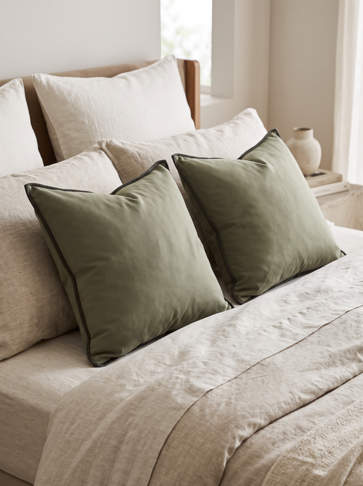 Contrast Bound Cotton Cushion Covers in Olive Green, styled at home on a made bed
