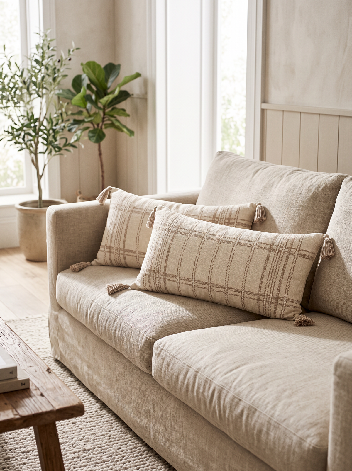 Ivory & Terracotta Printed Cushion Covers in Check Lumbar, styled at home on a linen sofa