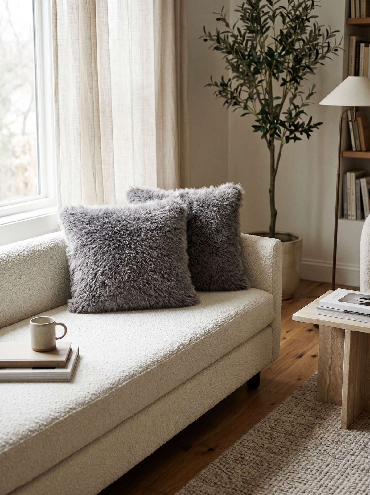 Shaggy Faux Fur Cushion Covers in Smoky Grey, styled at home on a bouclé daybed