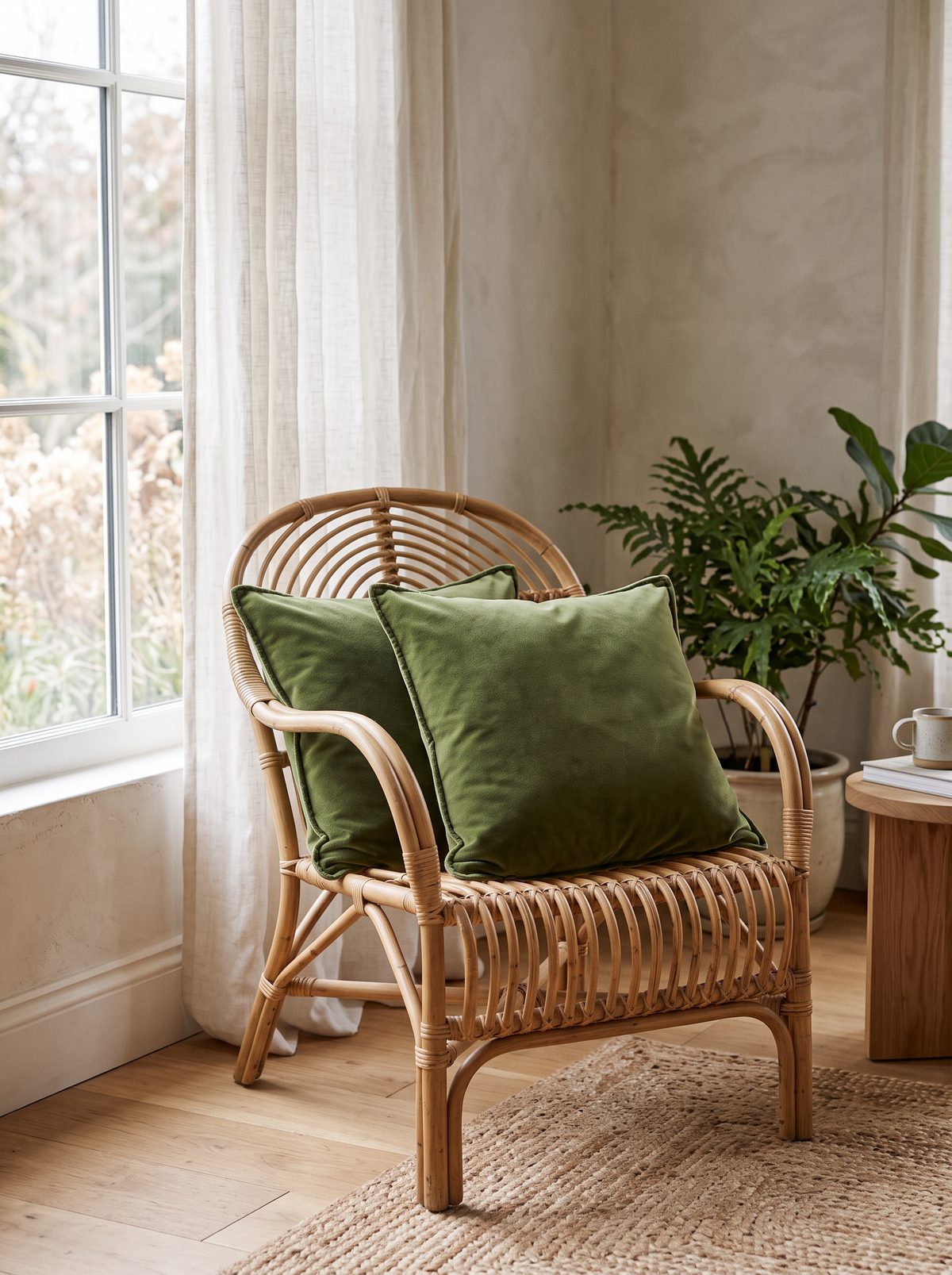 Piped Soft-Touch Cushion Covers in Green, styled at home on a rattan armchair by a window
