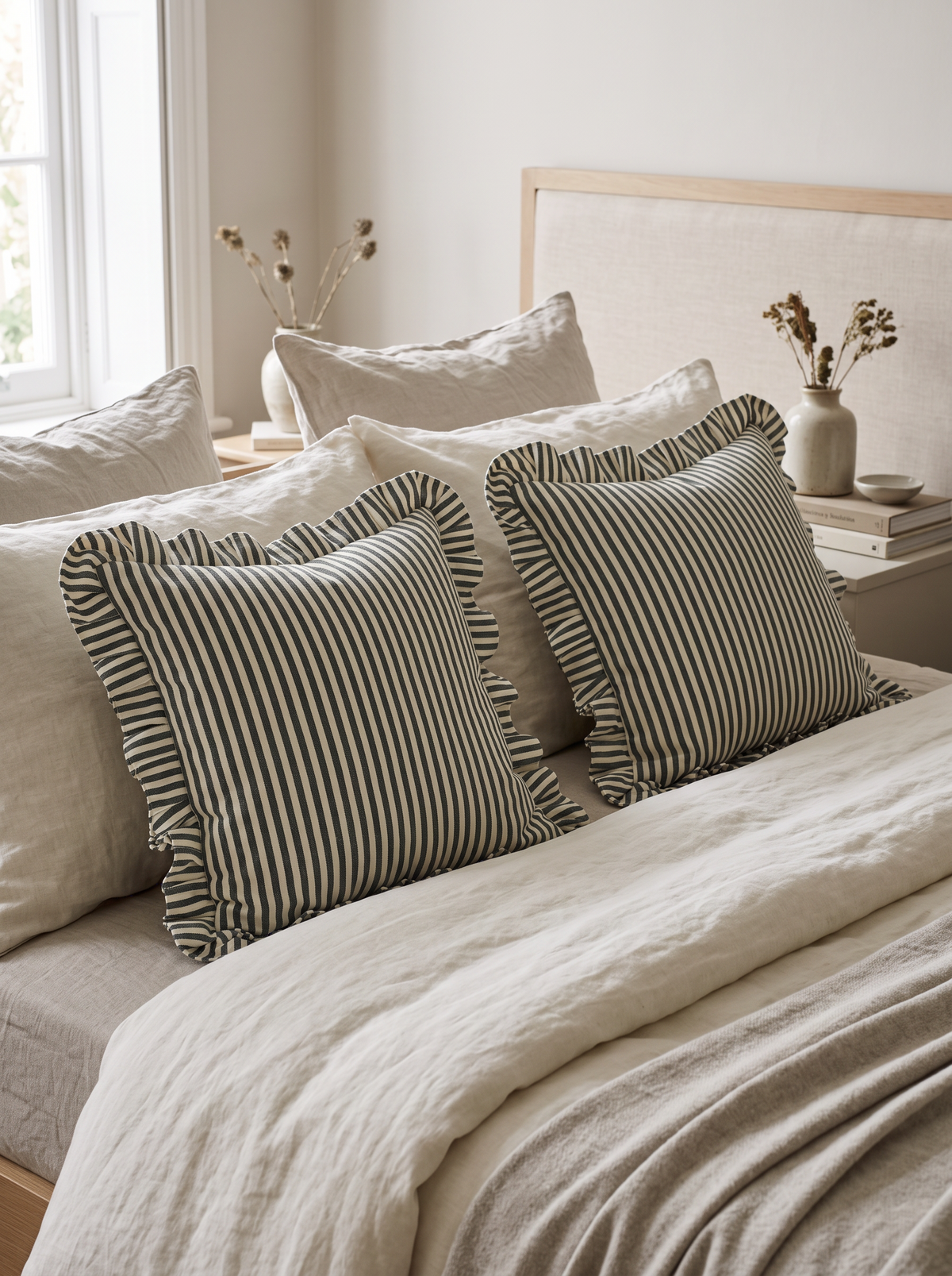 Ruffled Ticking Stripe Cotton Cushion Covers in Green, styled at home on a made bed