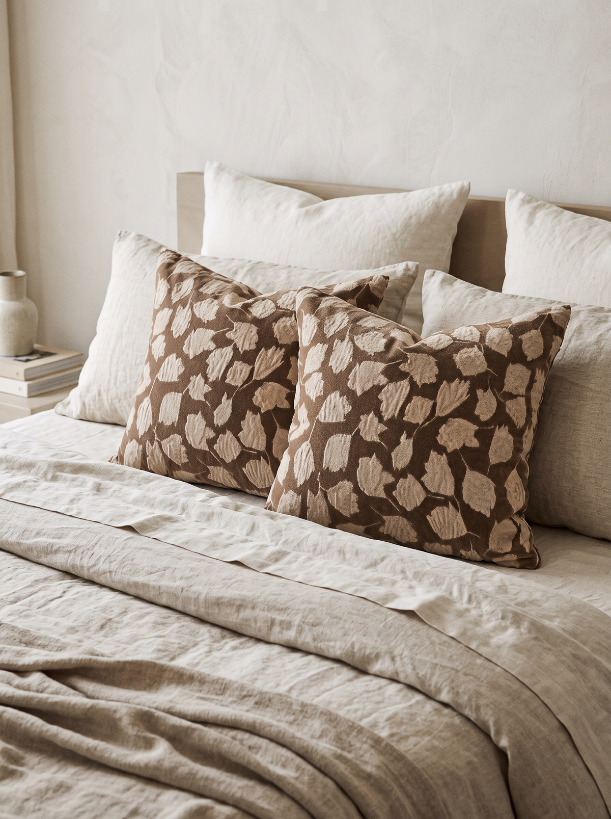 Brown & Ivory Leaf Jacquard Cushion Covers, styled at home on a made bed