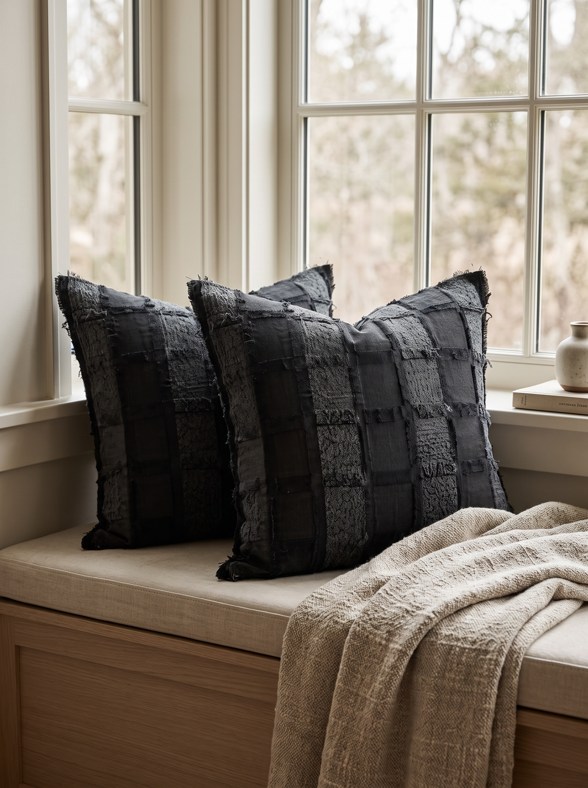 Black Grid Jacquard Cushion Covers, styled at home on a window seat