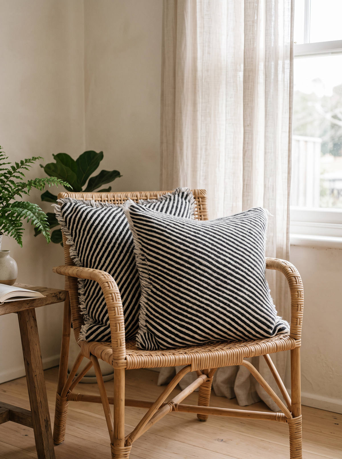 Black & Ivory Stripe Twill Weave Wool Cushion Covers, styled at home on a rattan armchair by a window
