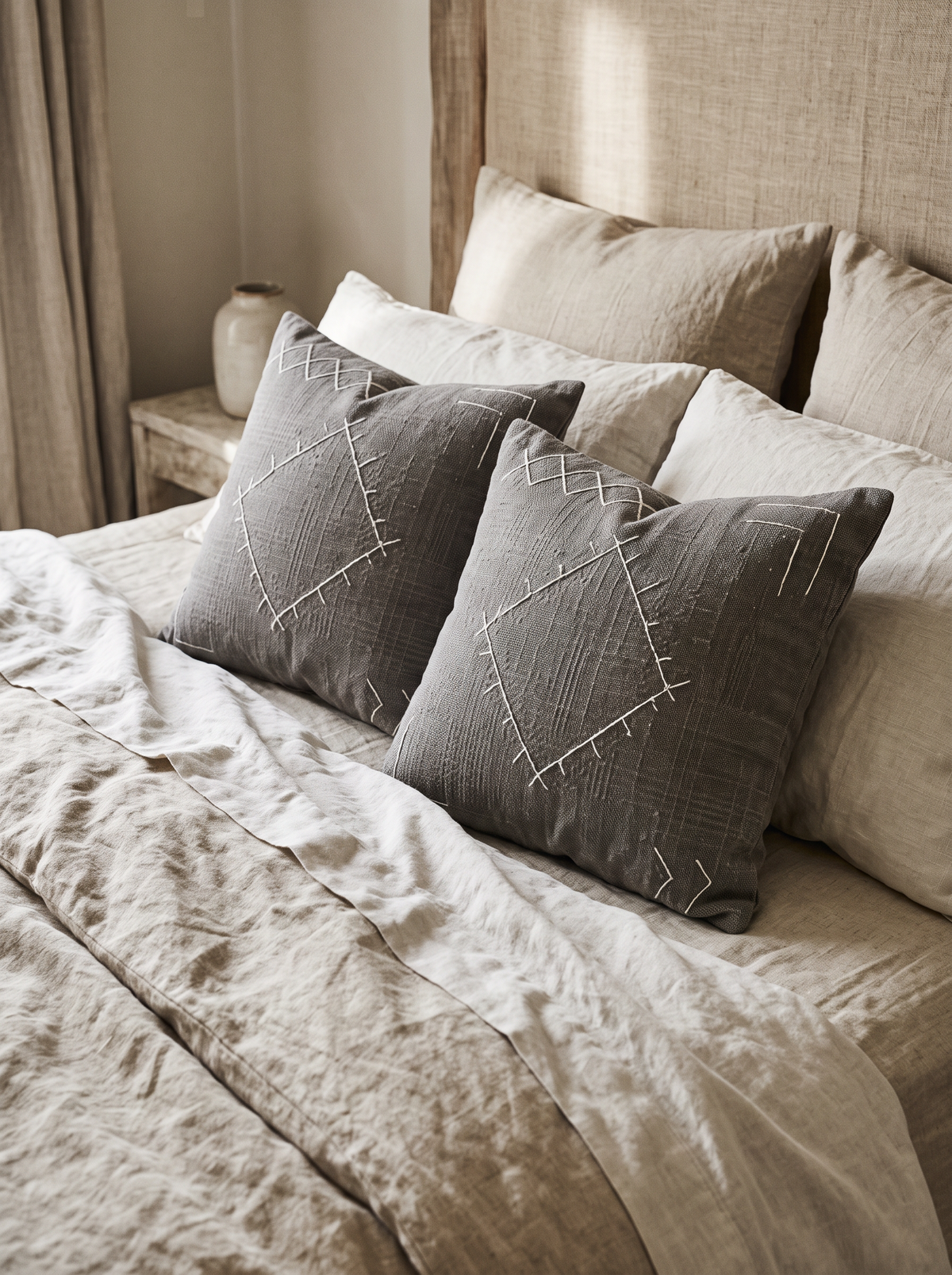Grey Diamond Embroidery Cushion Covers, styled at home on a made bed
