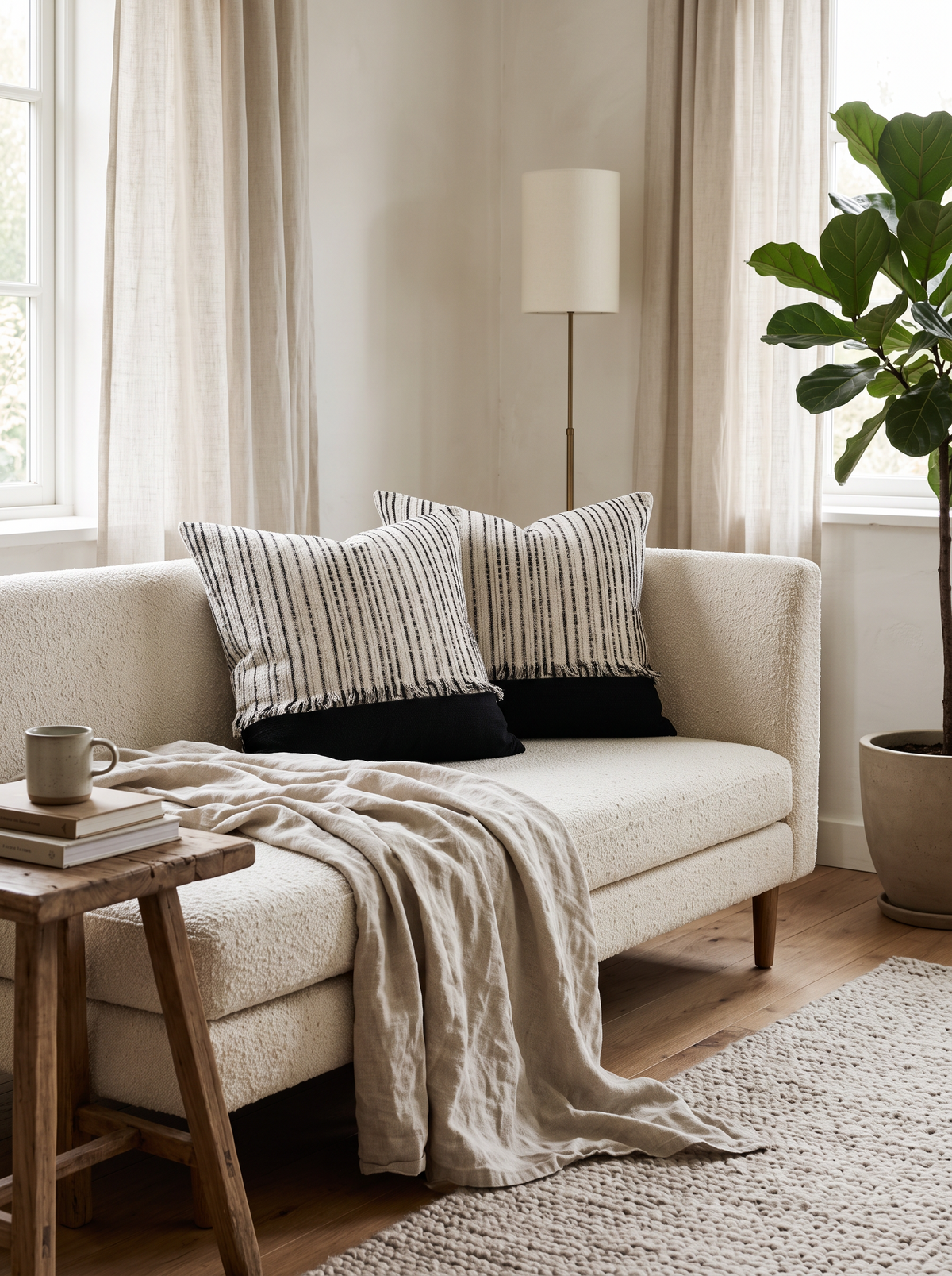 Ivory & Black Stripe Woven Tassel Viscose Linen Cushion Covers, styled at home on a bouclé daybed