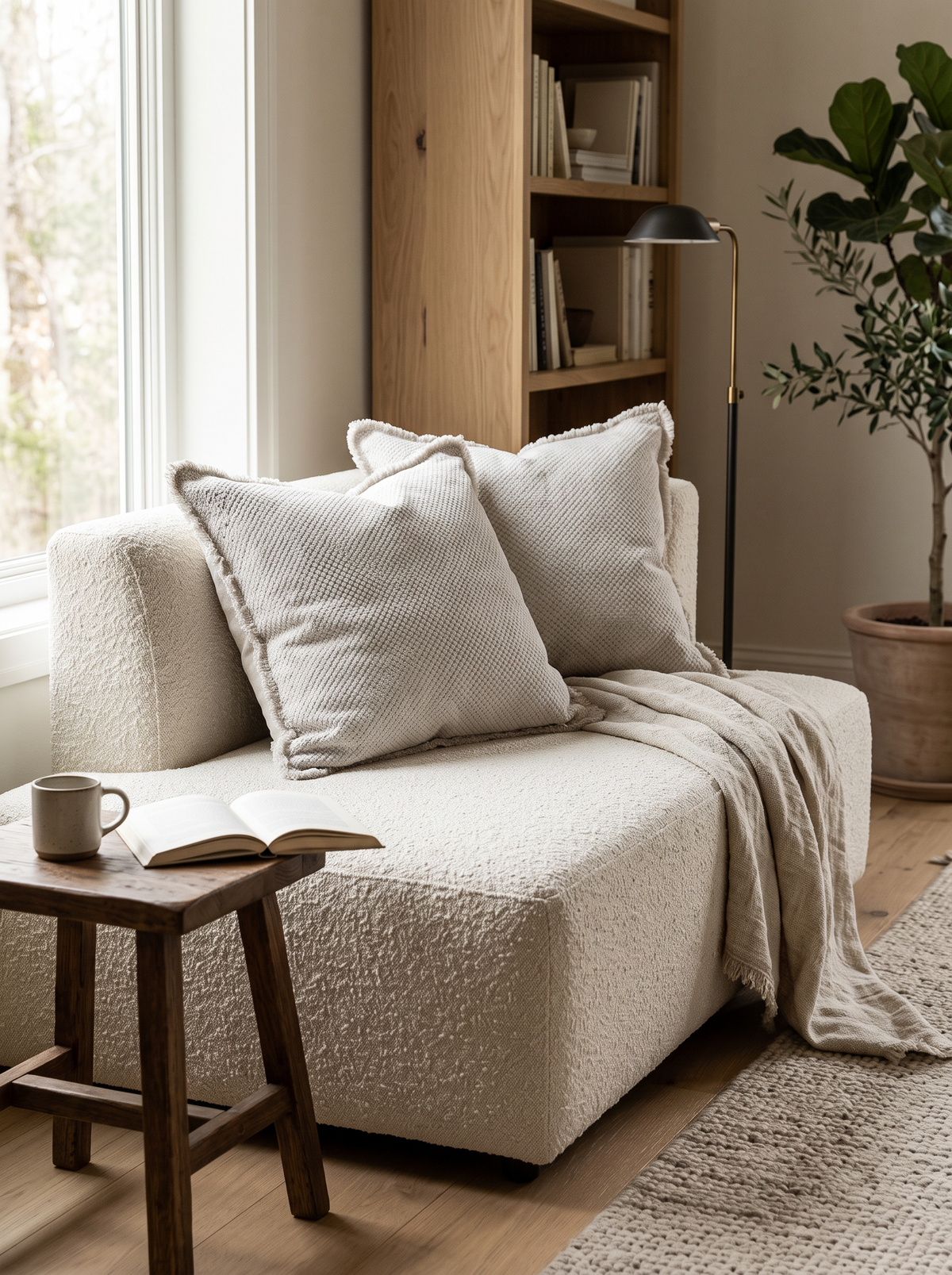 Blush Grey Fringed Woven Tassel Cushion Covers, styled at home on a bouclé daybed