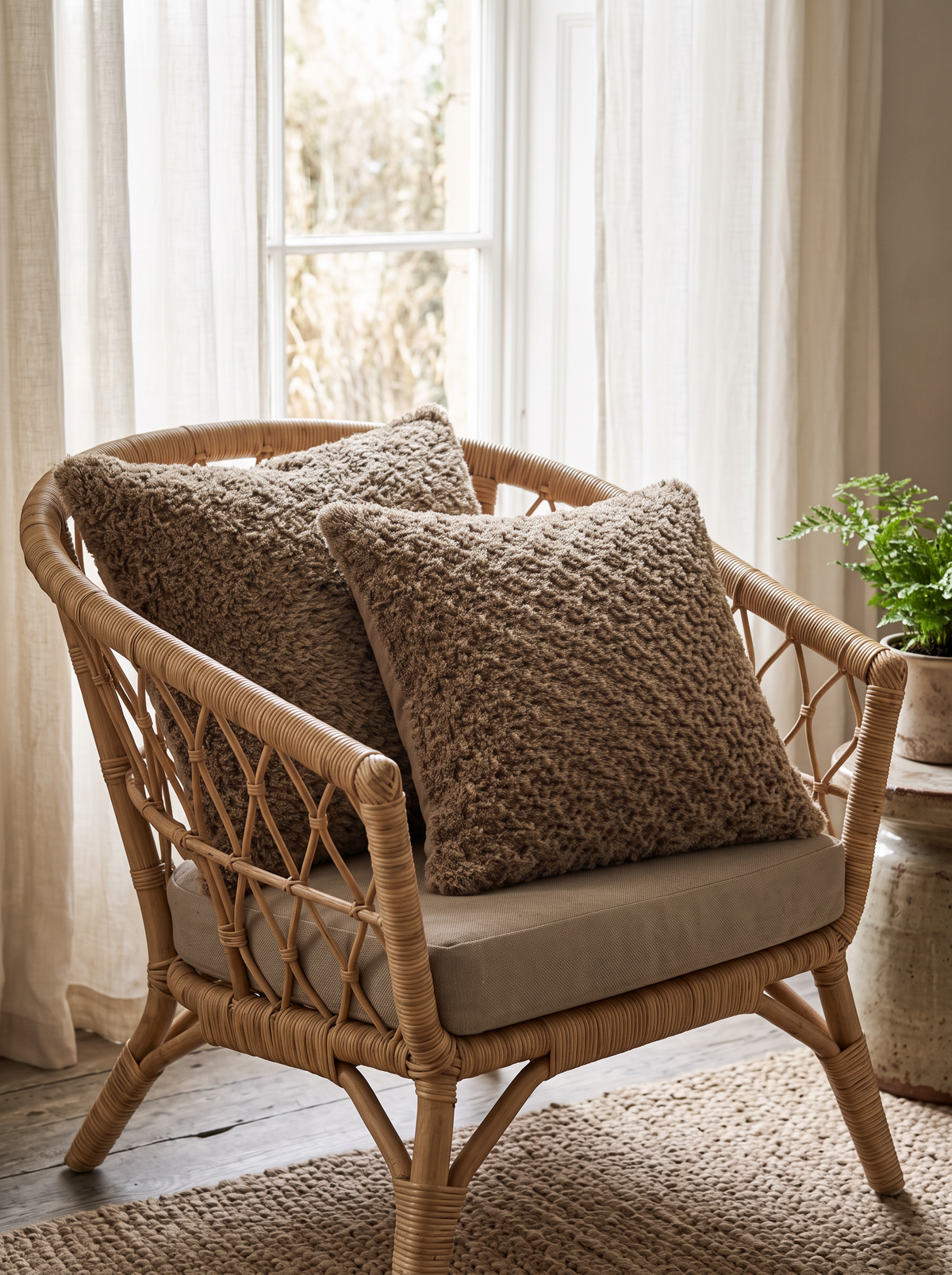 Natural Jute Honeycomb Hand-Woven Jute Cushion Covers, styled at home on a rattan armchair by a window