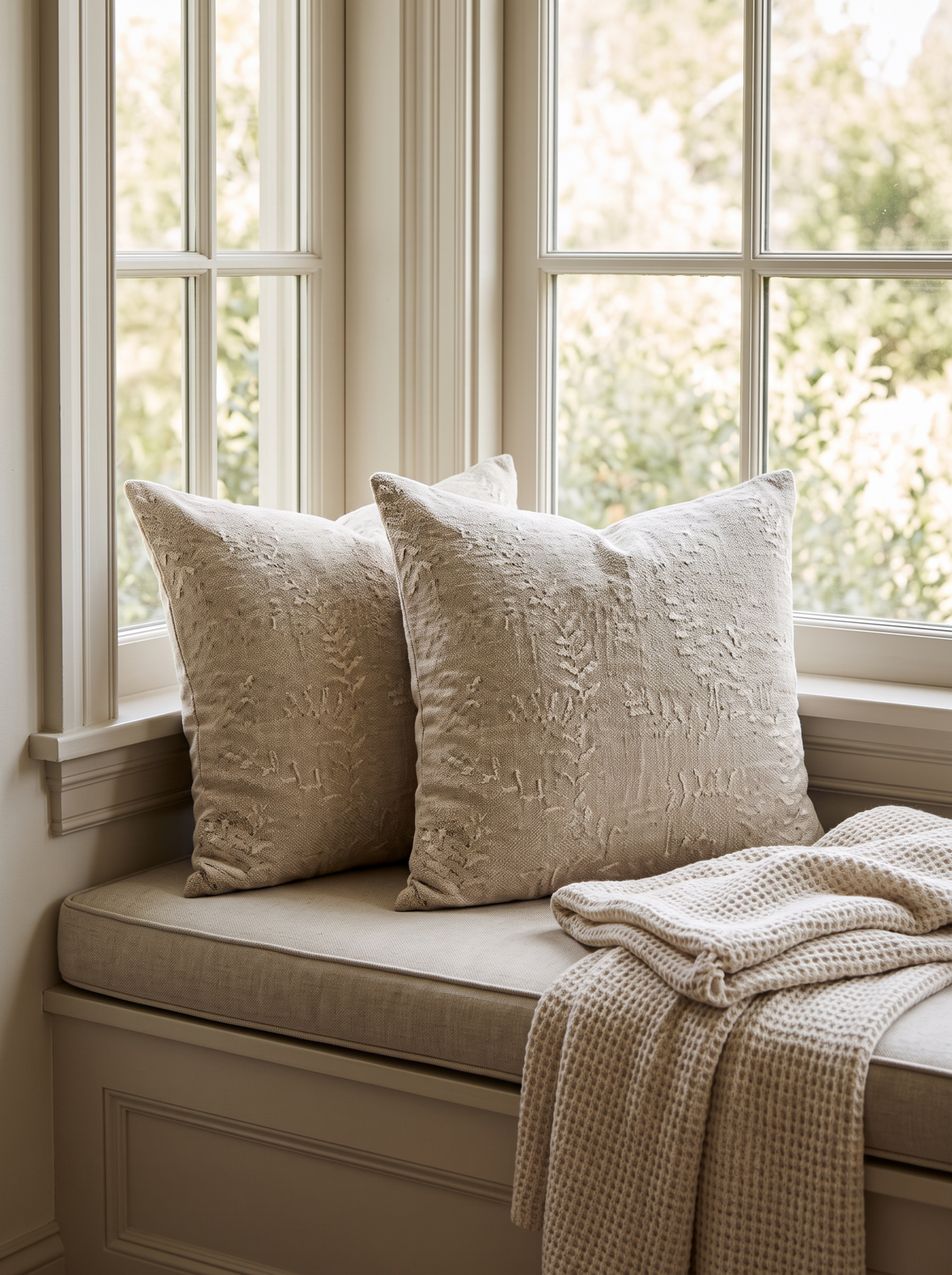 Oat Sprig Embroidery Linen Viscose Cushion Covers, styled at home on a window seat
