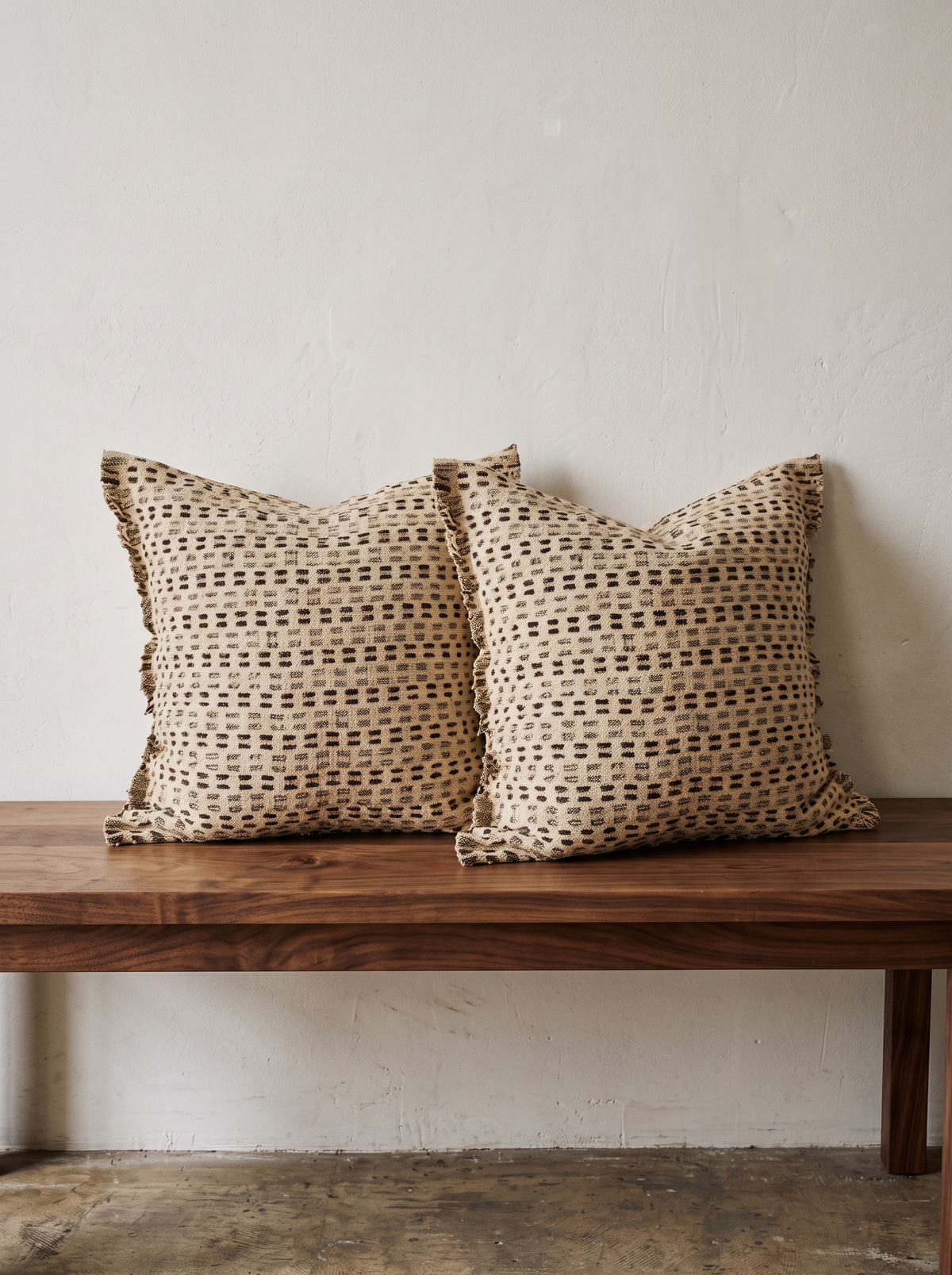 Sand Dot Embroidery Cotton Linen Cushion Covers, styled at home on a walnut bench