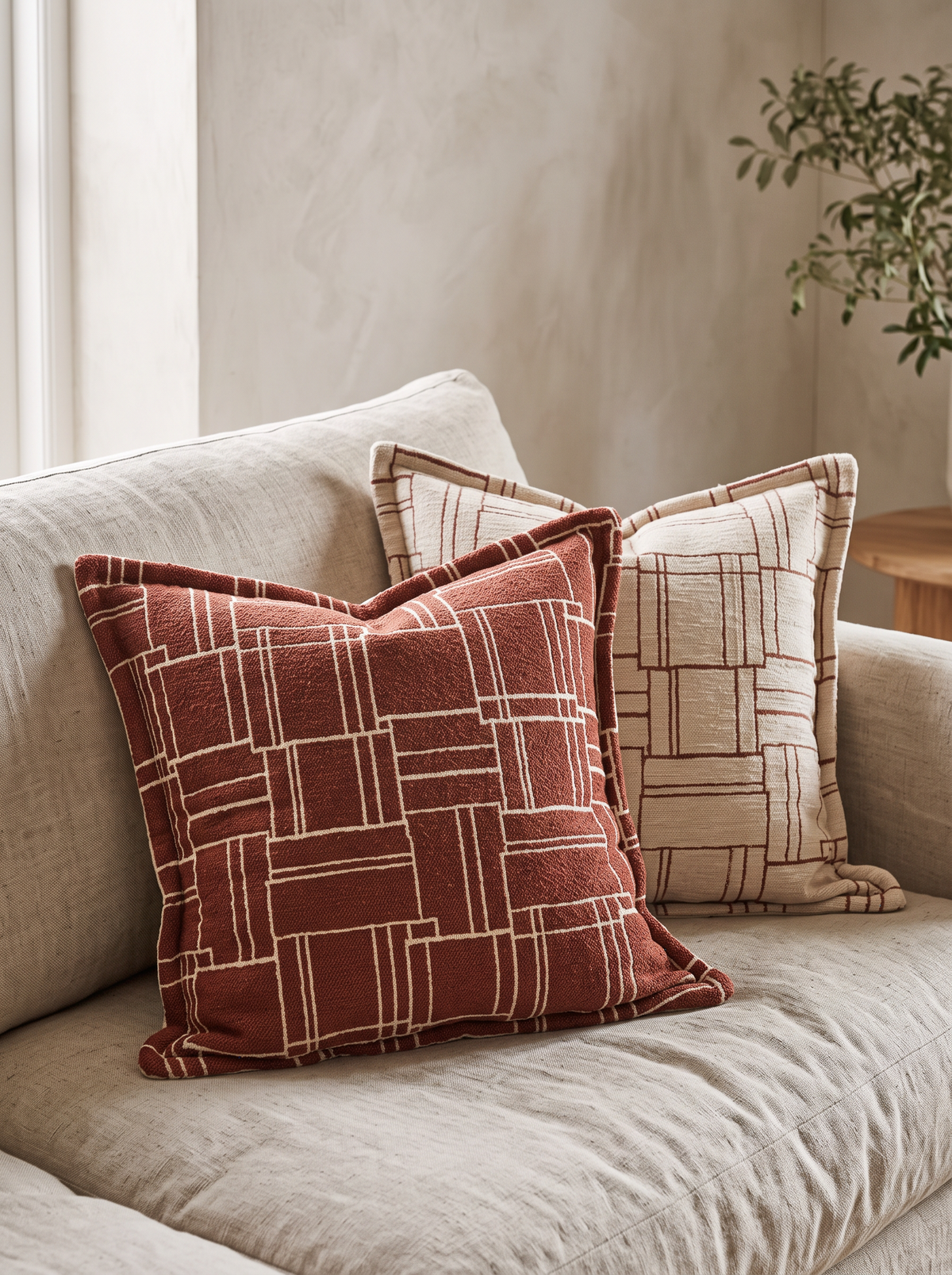 Rust Grid Jacquard Cushion Covers, styled at home on a linen sofa