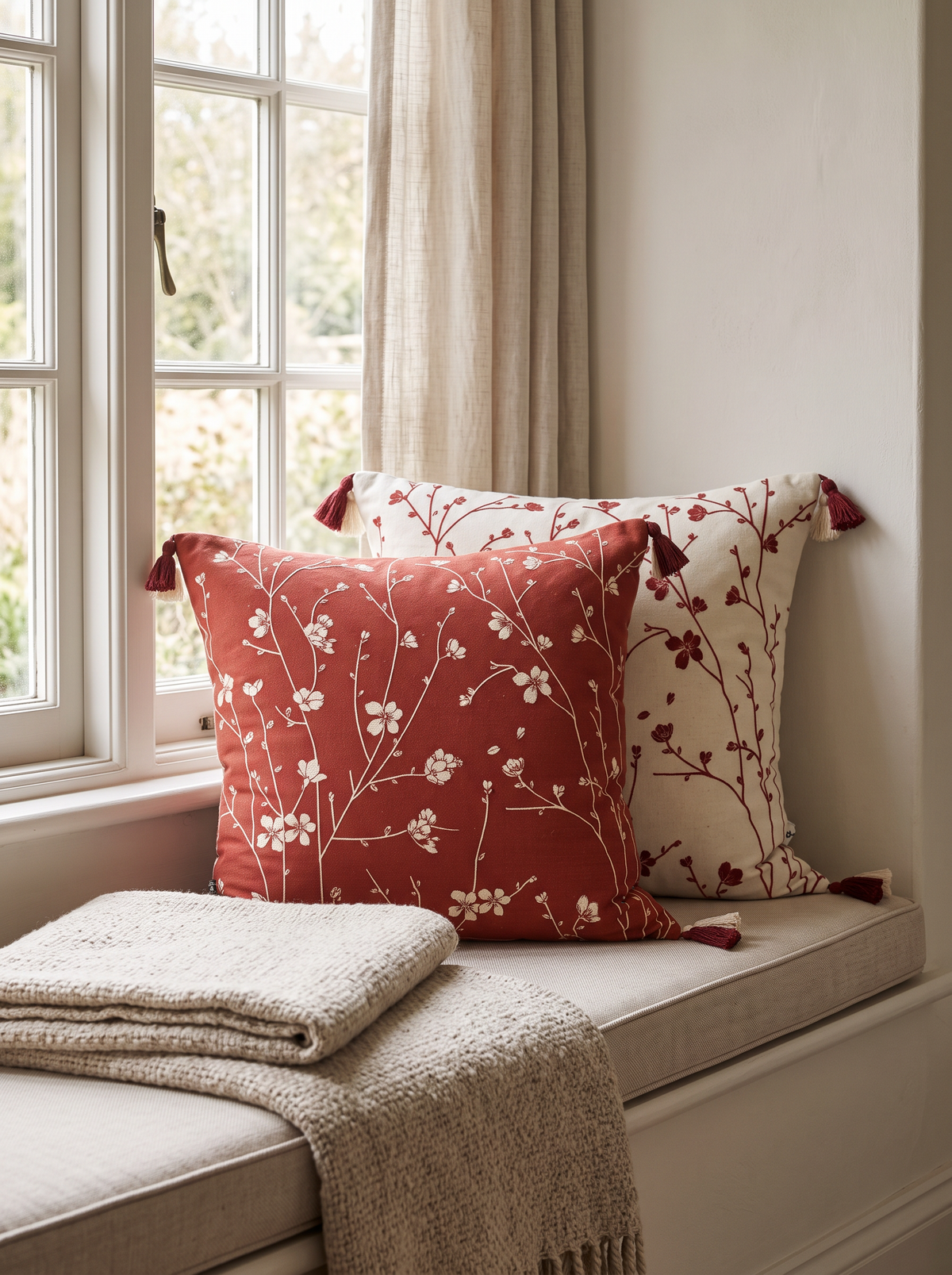 Red & Ivory Blossom Jacquard Cotton Linen Cushion Covers, styled at home on a window seat