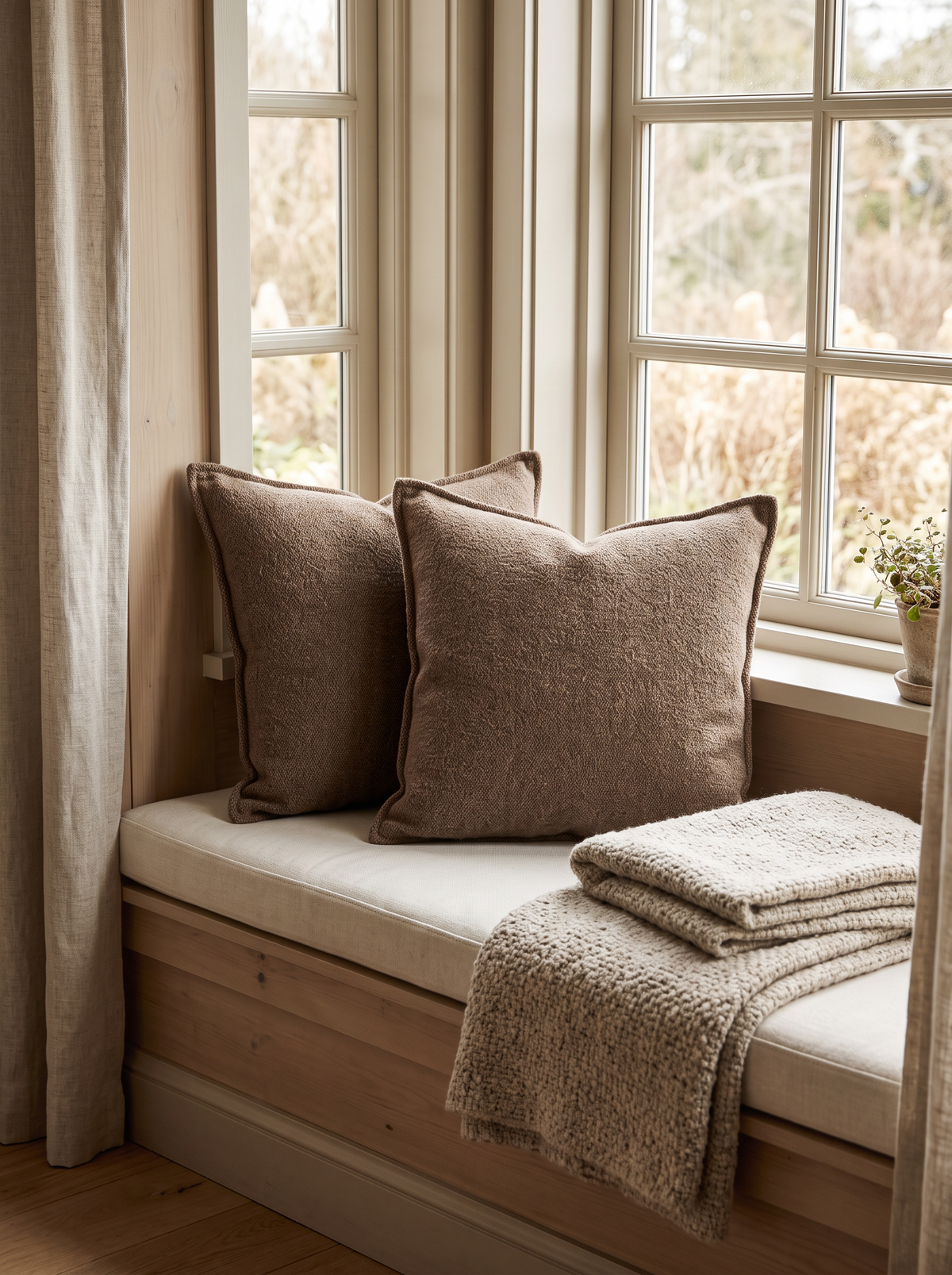 Mocha Bouclé Jacquard Cushion Covers, styled at home on a window seat